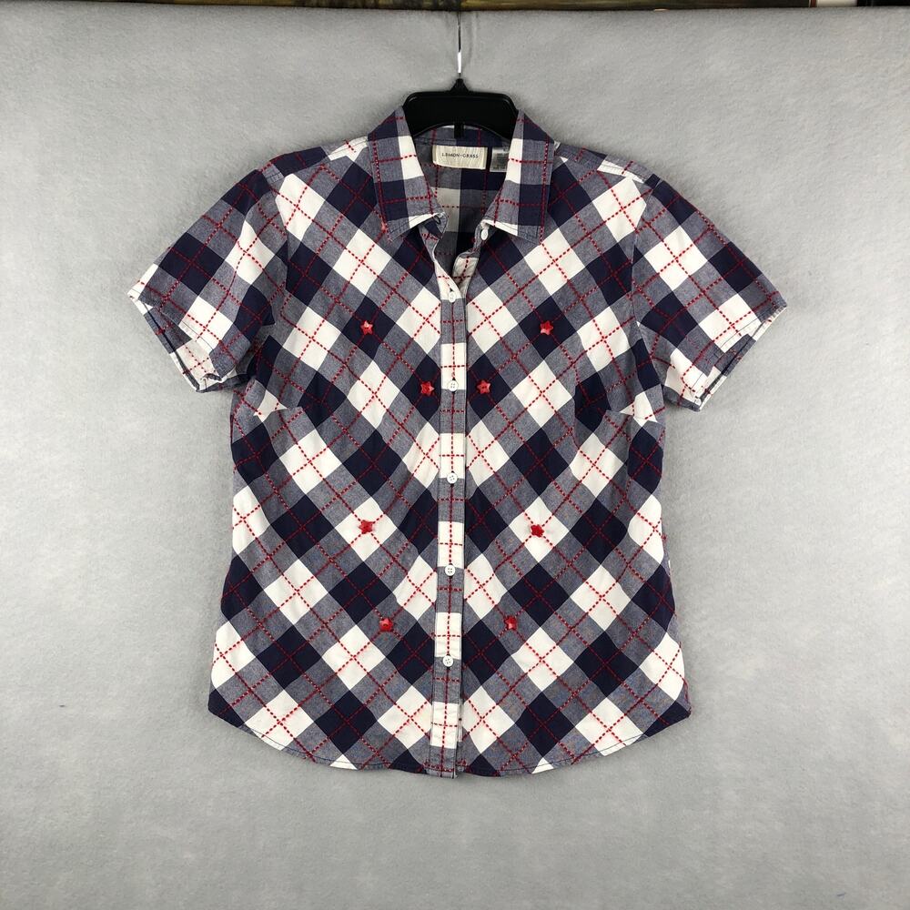 Lemon Grass Plaid Top Women's Size Large Button Up